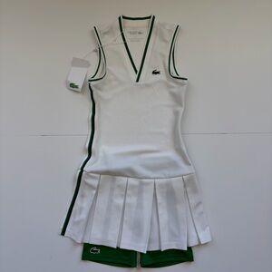 LACOSTE Women's Sleeveless Tennis Dress White 32-0 LNWT  With Shorts Green